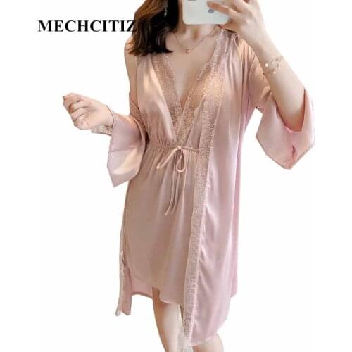 MECHCITIZ 2019 autumn sexy silk womens robe & gown sets bathrobe + mini night dress two pieces lace robe wedding sleepwear set