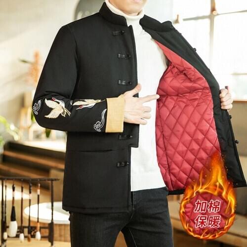 Cotton coat men Chinese style embroidery thick Tang suit retro Hanfu jacket winter large size black fashion warm male clothing