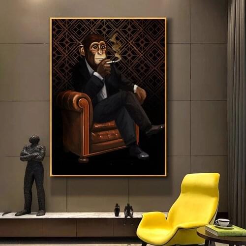 Modern Smoking Monkey Poster Canvas Painting And Prints Lion Wearing Gold Necklace And Crown Art Pictures For Living Room Decor