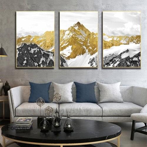Nordic Style Poster and Print Golden Golden Snow Mountain Canvas Painting Art Abstract Poster Wall Art Picture for Living Room