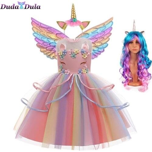 Christmas Unicorn Girl Dress Cosplay Costume Wings Kids Birthday Party Princess Costume Children Dresses New Year Dresses