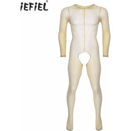 IEFiEL Men Sex Erotic Lingerie See Through Sheer Catsuit Long Sleeves Crotchless Hosiery Bodysuit Footed Pantyhose Body Stocking