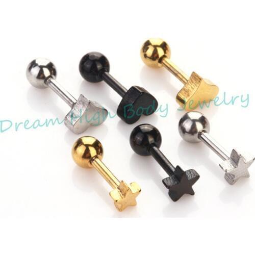 Heat Ear Stud bone nail Earring Vacuum Plating Titanium Gold Black Steel Star Ball 60pcs Body cartilageTragus Piercing Jewelry