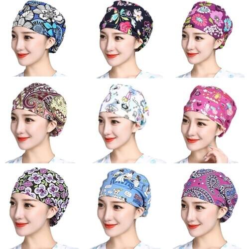 Scrub Caps Unisex Adjustable Sweatband Bouffant Hats Cartoon Flower Printed Reuseable Cotton Workwear Hats Washable Bandage Cap