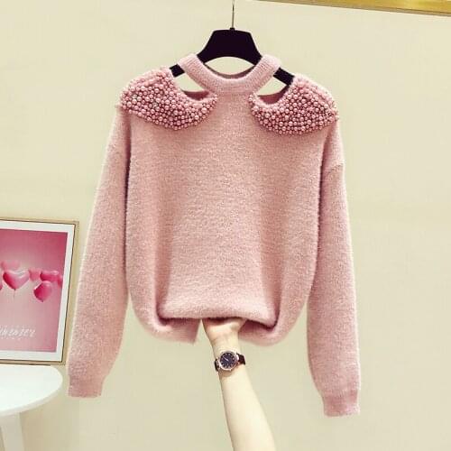 2021 Autumn Winter New Beaded O-neck Long Sleeve Mink Fluff Sweater Womens Casual Knitting Tops Off Shoulder Lady Pink Sweaters