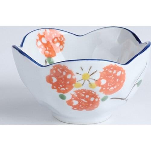 Lacework Type Ceramic Bowl Hand Painted Underglaze Color Ceramic Bowl Orange and Blue Flower Tableware