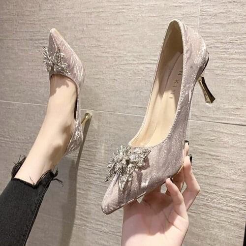 7cm High Heels Shoes 2021 Shining Rhinestones Pointed Toe Pumps Woman Fashion Bow Wedding banquet Shoes Ladies