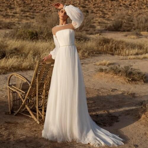 Tulle Long Sleeve Beaded Boho Wedding Shoot Dresses A Line Pageant Beach High Neck Custom Made Bride Bridesmaid Gown Cheap