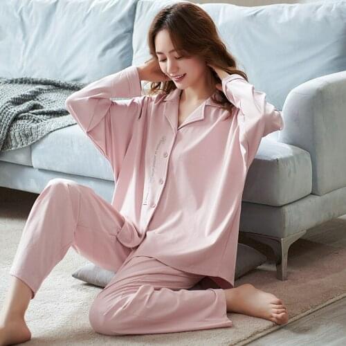 Women Print Letter Pajamas Sets Sexy Notches Cotton Pyjamas 2PCS Sleep Suit Sleepwear Loose Nightwear Spring M-XXL Home Wear