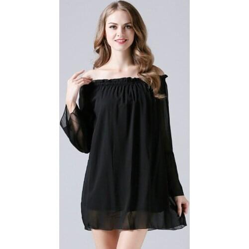 Girls Long Sleeve Ruffle Blouse Ladies Sexy Boat Neck Loose Large Size Black Summer Chiffon Shirt Loose Women Off Shoulder Top