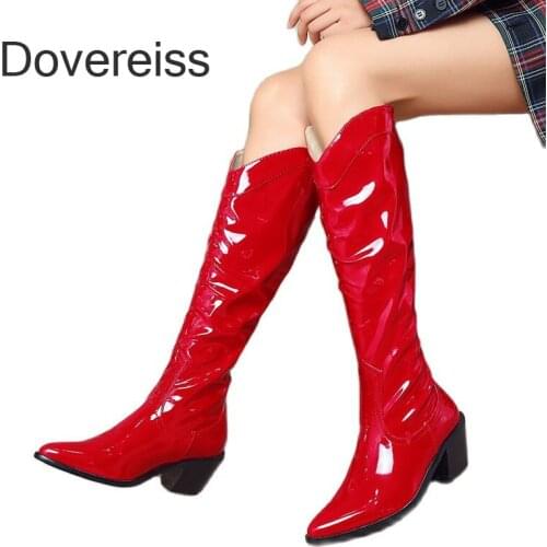 Winter For Woman New Fashion Consice Shoes Elegant Red White Slip-on Block Heels Chunky Heels Knee High Boots Big Size 34-46