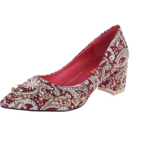 Pointed toe Shallow mouth High Heel Shoes Embroidery styleWomen shoes Womens High Heels Sexy Bride Party mid Heel U14-42