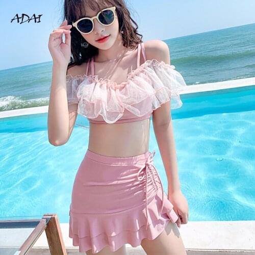Womens Swimwear 2021 Bathing Suits 2 Piece Swimsuit Solid with Skirt Ruffles High Waist Bikini Cute Gauze Summer Set Beachwear