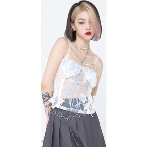 Vintage Embroidery Chiffon Crop Top Women Y2k Kpop Ribbons Backless Sleeveless Cropped Tops Sexy Party Corset Tank Top for Women