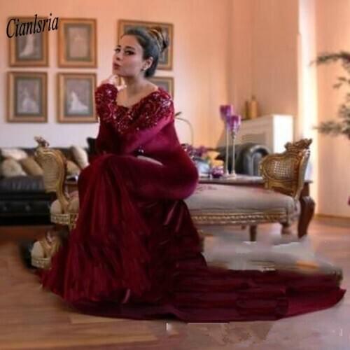 Burgundy Long Sleeve Arabic Dubai Velvet Mermaid Evening Dress Appliques Lace Beading Kaftan Formal Evening Party Dresses