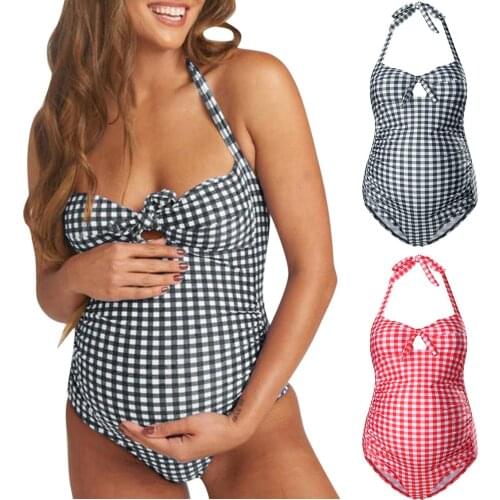 Womens Maternity Summer Beach Bikini Plaid Print One Piece Swimwear Swimsuit Summer Pregnant Mother Clothing Bathing Beachwear