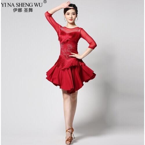 Women Dance Wear Ballroom Dress Samba Costume Party Dresses Sheer Mesh Stretchy Fringes Latin Dress Rose Hot Drilling
