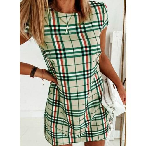 Plaid Print Dress Slim Short Sleeve Ladies Dresses Loose Vestidos Round Neck Solid Color Summer Clothes Party Outfits Clubwear