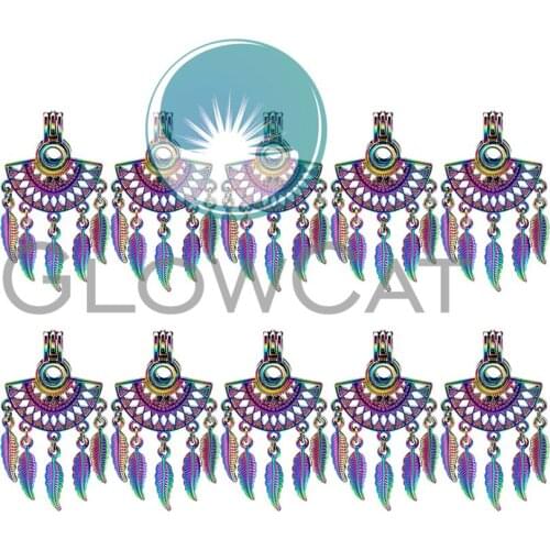 10X C908 Bohemia Rainbow Filigree Sector Design Beads Cage Locket Pendant Essential Oil Diffuser Pearl Cage Jewelry Making