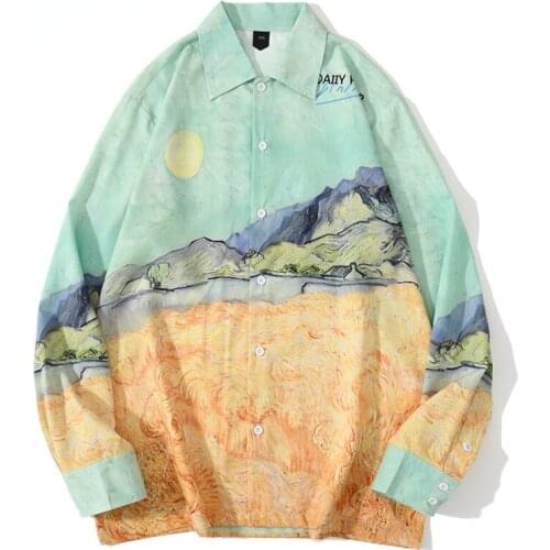 Fashion Landscape Print Mens Dress Shirt Long Sleeve Male Beach Hawaiian Shirts Streetwear Harajuku Button Blouse Holiday Tops