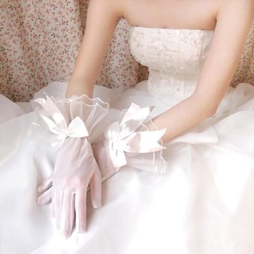 Fashion Lace Bow-knot Bride Glove Short White Red Black Glove Photo Props New Lady Party Wedding Dress Accessories
