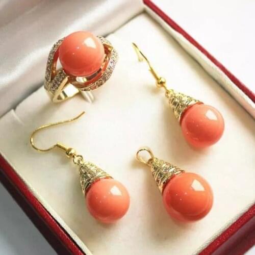 Fashion style Coral powder shell pearl + gold plated metal pendant + Earrings + Ring Set