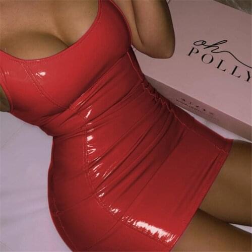 Sexy Ladies PU Patent Leather Sheath Tank Dress Women Short Mini Low Cut Slim PVC Latex Nightclub Dress Bodycon Package Hip Hot