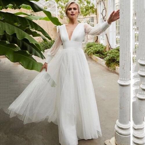 Weiyin AE0726 Long Sleeve Wedding Dress Backless A-Line 2021 Deep V-Neck Floor Length Tulle White Robe Vintage Elegant Simple