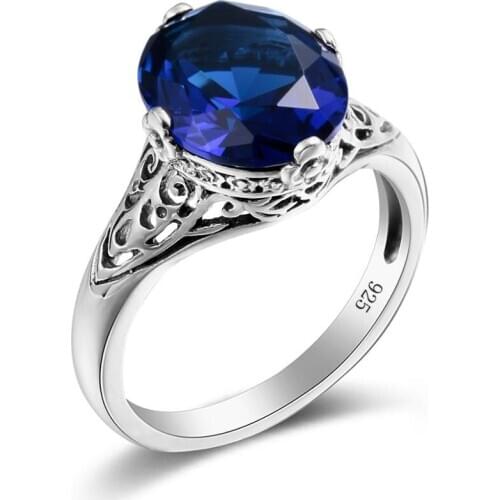 Szjinao Real 925 Sterling Silver Women Rings Gothic Gemstones Sapphire Ring Handmade Design Oval Fine Jewelry Halloween Gift New