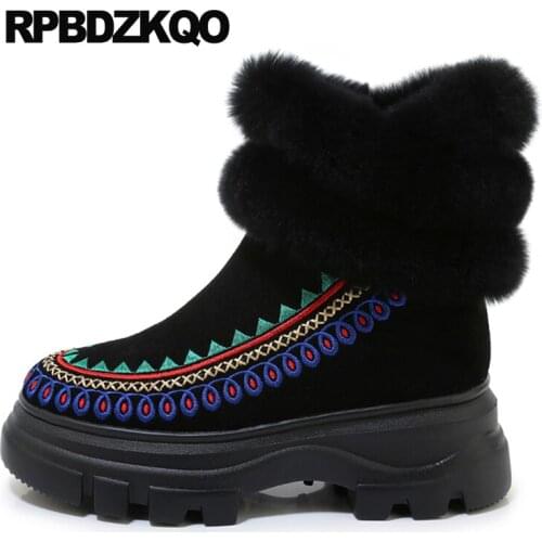 Embroidered Platform Ankle Flatform High Heel Embroidery Shoes Black Ladies Muffin Warm Wedge Slip On Women Boots Winter 2021