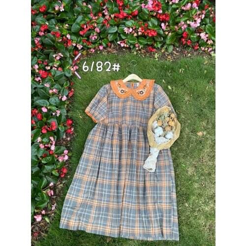 2021 New Summer Women Plaid Dress Japan Style Mori Girl embroidered Peter Pan Collar Loose Short Sleeve Cotton Dress Women