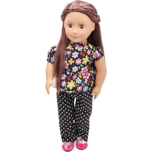 18 Inch American Doll Girls Clothes Black Printed Short Sleeve Suit Newborn Baby Dress Toys Fit 40-43 Cm Boy Dolls Gift c103