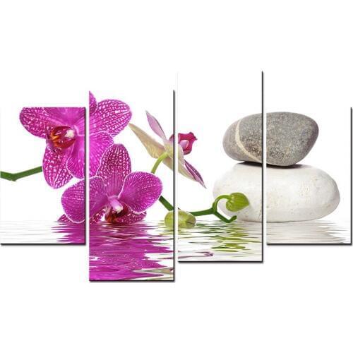 4panel Purple Orchid Flower Bamboo Stone Art Work Canvas Prints Art Wall Decor Spa Massage Treatment Painting