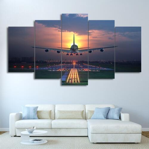 HD Printed 5 Pieces Canvas Art Painting Sunset Airplane Lawn airport Poster Wall Pictures home decoration DT-035