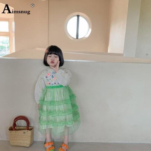 Aimsnug 2021 Patchwork Mesh Dresses Kids Girls Knee-Length Princess Dress Lantern Sleeve Children Birthday Party Ball Gown Dress