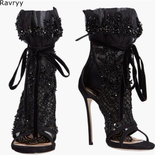 Summer Sexy Lace Woman Sandals Bling Bling Rhinestone Decor Black Short Sandal Boots Hot Fashion Peep Toe Female Dress Shoes