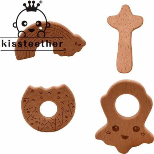 Kissteether 10pc/lot Wooden Teether Toys Newborn Baby Gift Wooden Rattle Organic Toys Baby Charms Nature Beech Wooden Teether