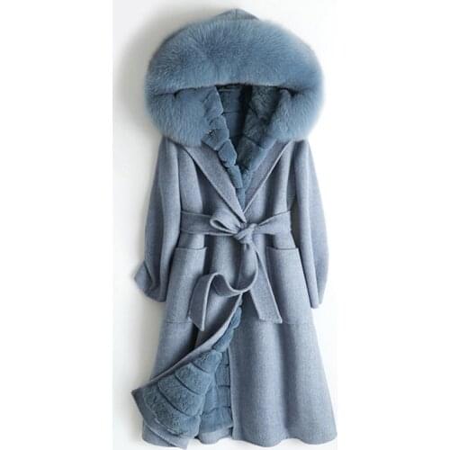 Women Real Wool Fur Coat Rex Rabbit Liner Fox Fur Collar Leisure Fall/Winter Female Long Hooded Jacket Outwear ZY18558
