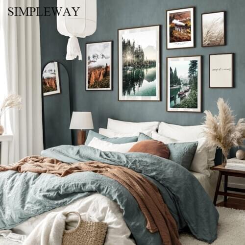 Mountain Lake Boat Canvas Poster Nordic Forest Sunshine Nature Landscape Art Print Painting Scandinavian Picture Room Decoration