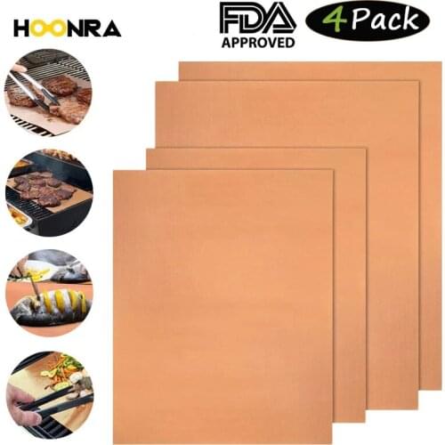 HOONRA 4Pcs BBQ Grill Mat Barbecue Non-stick Baking Liner Baking Mat Heat-resistant Oven Tray Cooking Picnic BBQ Mat Bakeware