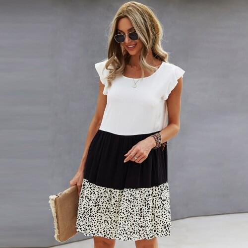 Jastie Casual Womens Dress Round Neck Flying Sleeve Leopard Pattern Mini Dresses Summer Bohemian Beach Party Ladies Dress 2021