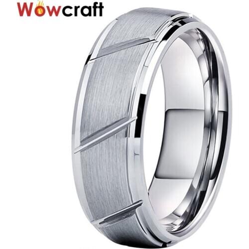 Tungsten Carbide Ring 6mm 8mm Brilliant Cut Round Rings Matte Brushed Mens Wedding Band Grooved Beveled Edges