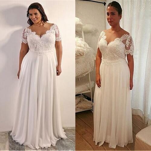 MYYBLE 2021 Chiffon A-line Plus Size Wedding Dress Chiffon Lace Appliques Short Sleeves Lace Up Back Bridal Dresses