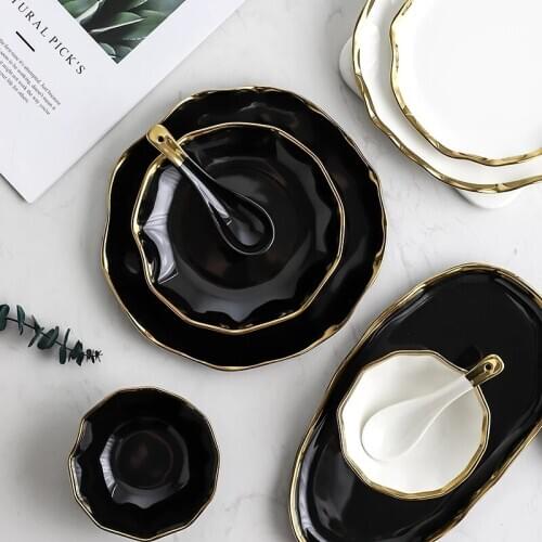 Black White Luxury Golden Inlay Ceramic Dinner Plate Snack Dishes Beef Dessert Tray Rice Soup Bowl Spoon Tableware Set
