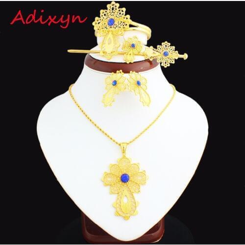 Newest Blue Stone Ethiopian Cross Set Jewelry 24k Gold Color Eritrea/African Habesha Women Wedding Sets