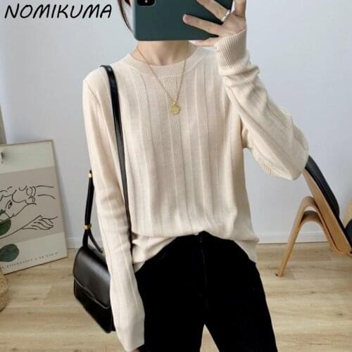 Nomikuma 2021 Autumn New O-neck Knitted Sweater Causal Long Sleeve Woman Pullovers Korean Knitwear Tops Solid Pull Femme 6K702