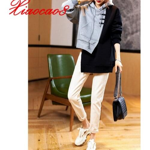 New Fashion Women Patchwork Hoodies 2021 New Woman Irregular Cotton Pullovers Autumn Female Casual Tops Clothes Oversize Shirt