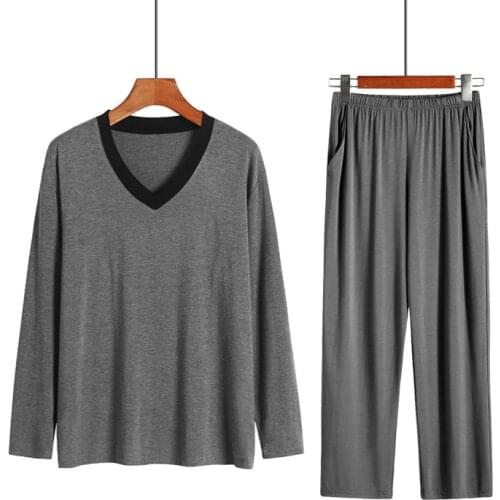 2021 Spring Autumn Mens Pajamas Sets Luxury Modal Sleepwear Male Long Sleeve Elastic Pyjamas Pants Plus Size Homewear 2Pcs /Set