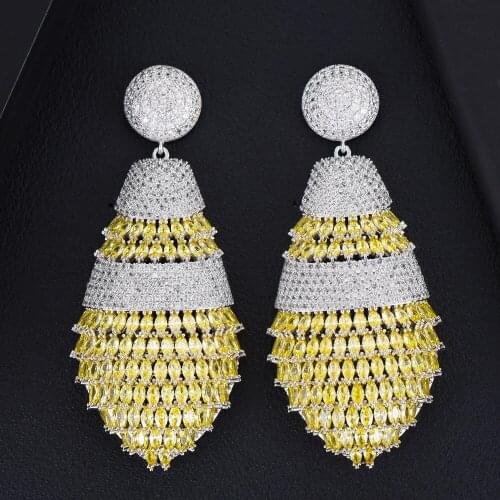 Luxury Clear Yellow CZ Big Drop Pendant Earrings Cubic Zirconia Shiny Charm Earring For Women Bride Wedding Jewelry