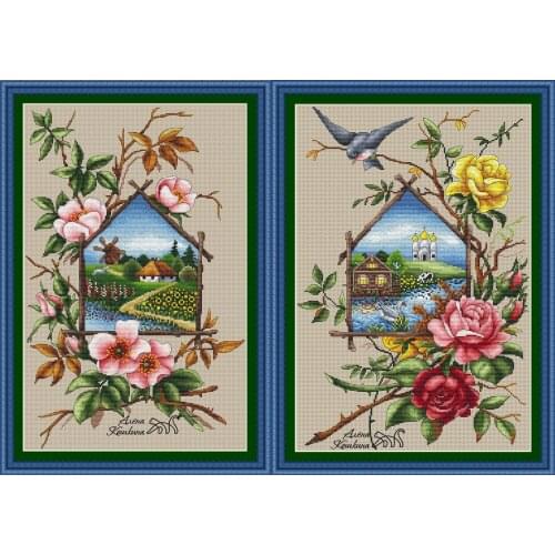Needlework Cross stitch Handmade 14CT Counted Canvas DIY,Cross-stitch kits,Embroidery Summer House-Pink Rose, Rose